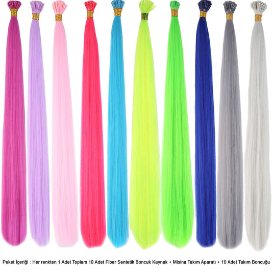 10 Adet Karışık Renkli Fiber Sentetik Kaynaklık Saç 60cm + Misina Takım Aparatı ve Boncuğu