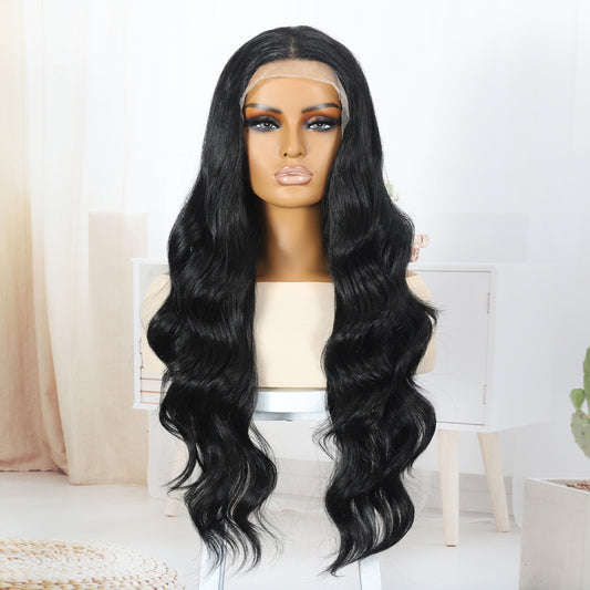 Siyah Fiber Sentetik Su Dalgalı Tül Peruk