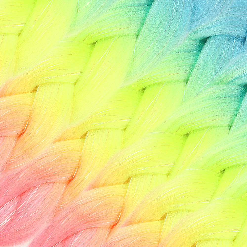 Simli Açık Mavi / Neon Sarı / Pembe Ombreli Örgülük Saç 100 Gr.