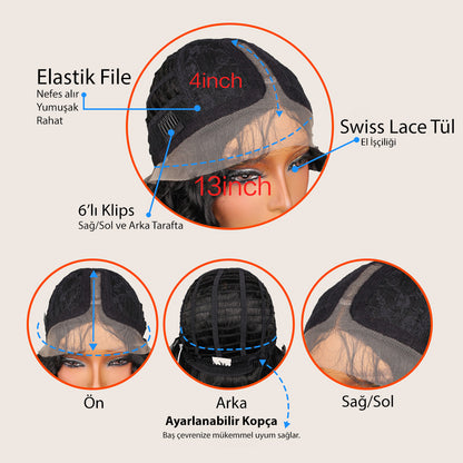 Afro Dalga Koyu Bakır Fiber Sentetik T Tül Peruk
