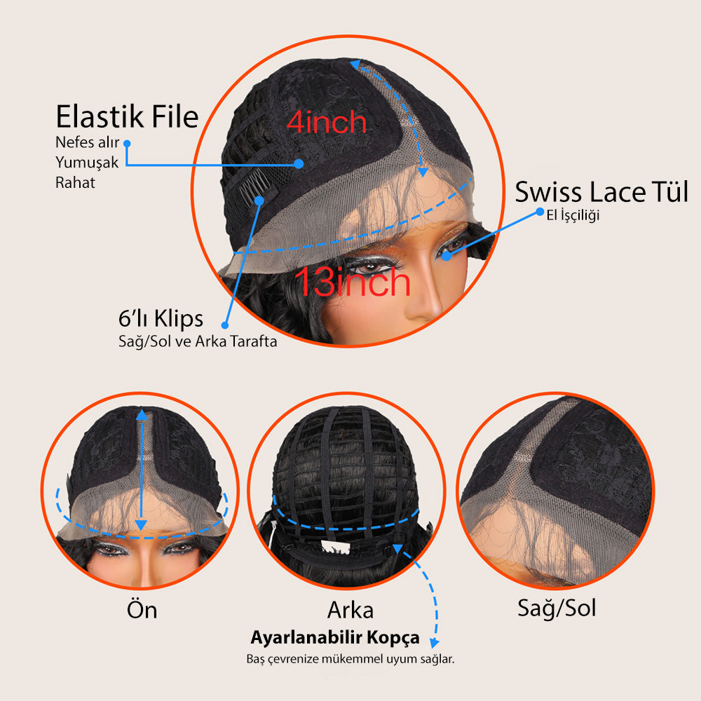Yoğun Dalga Siyah Fiber Sentetik Geniş T Tül Peruk